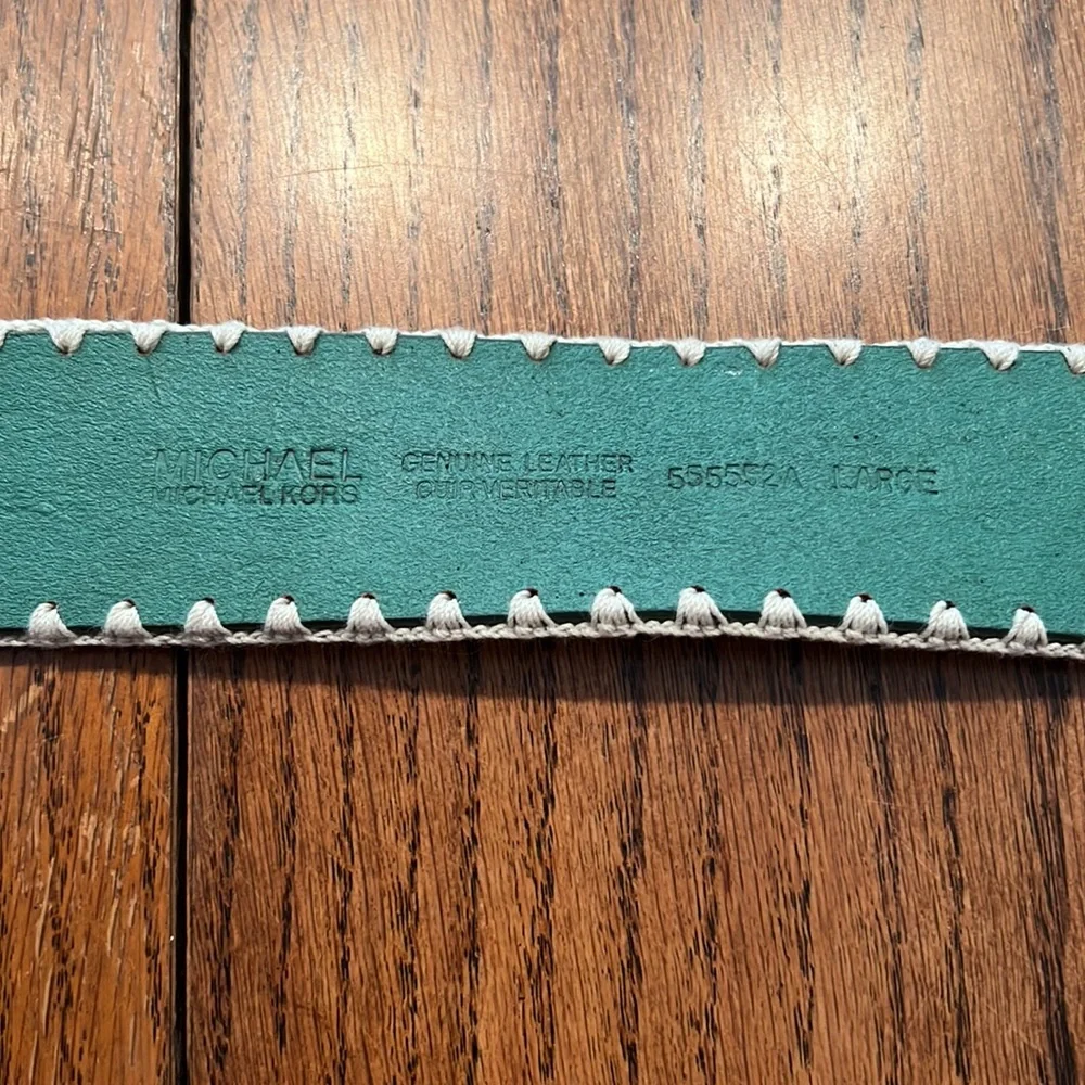 Michael By Michael Kors Blue Green Leather Belt With White Embroidery Size L